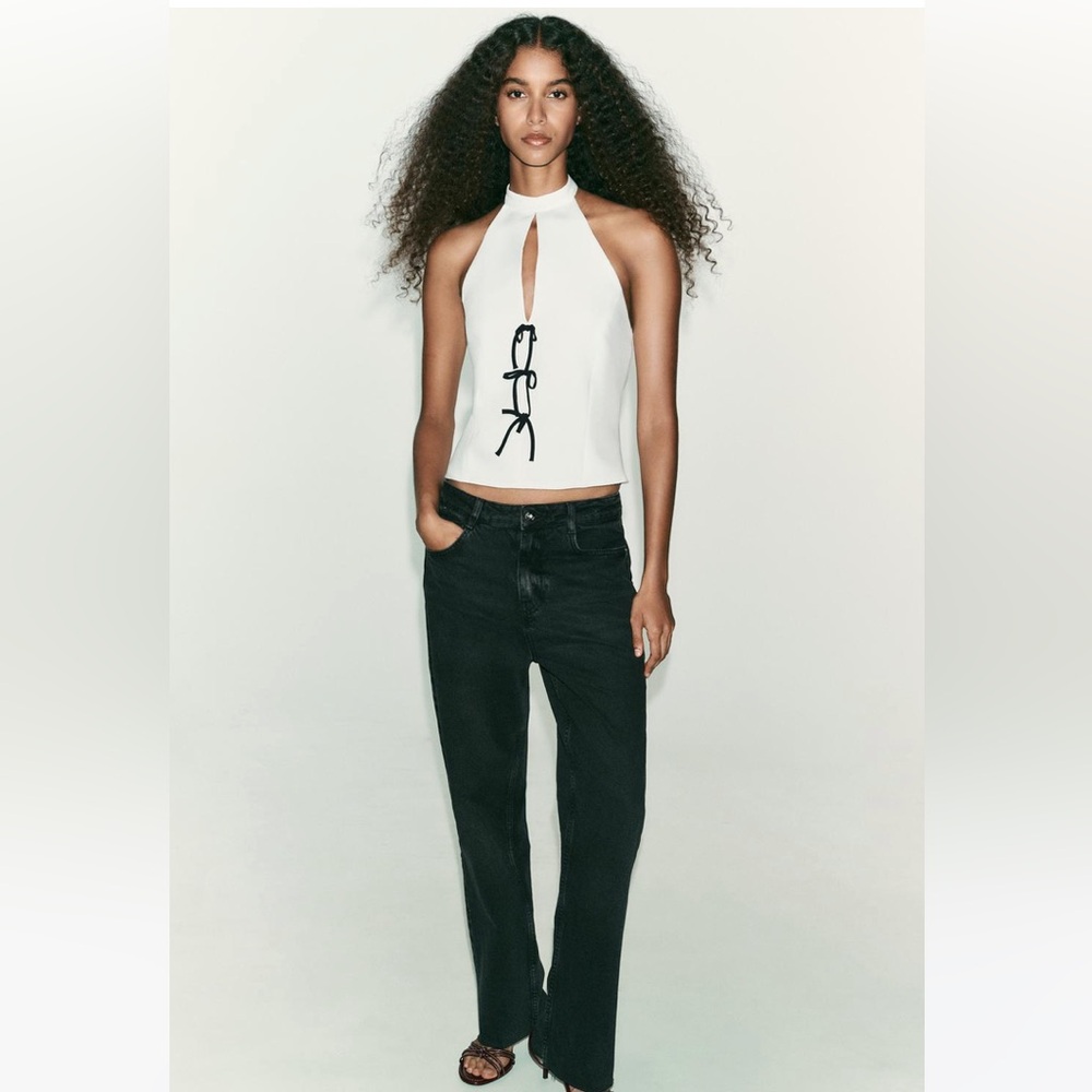 Zara NWT White Halter Keyhole Top with Black Tie Detail size XS